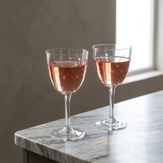 Two clear wine glasses on a white tablecloth, one filled with pink wine and one empty with etched star details, with peaches in the background.