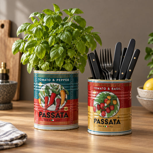 Two vintage-style metal canisters with colorful tomato-themed labels sit on a countertop. One canister holds a leafy green herb plant, and the other holds two gold-toned metal spoons.
