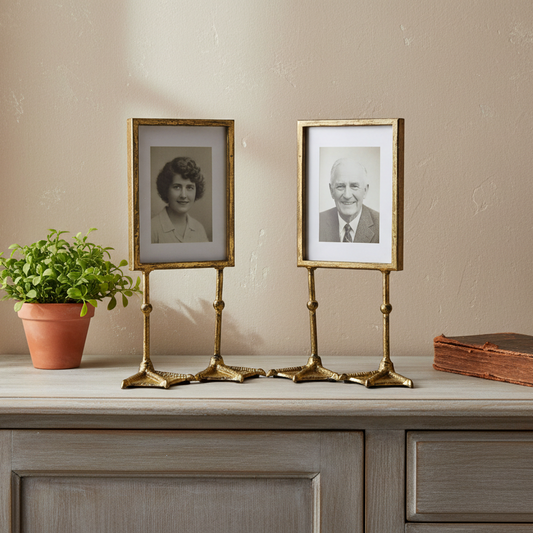 Two gold-framed photographs on stands with a plant and book on a wooden surface.