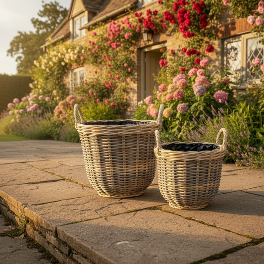 Wicker planters on a stone patio with a house and garden in the background