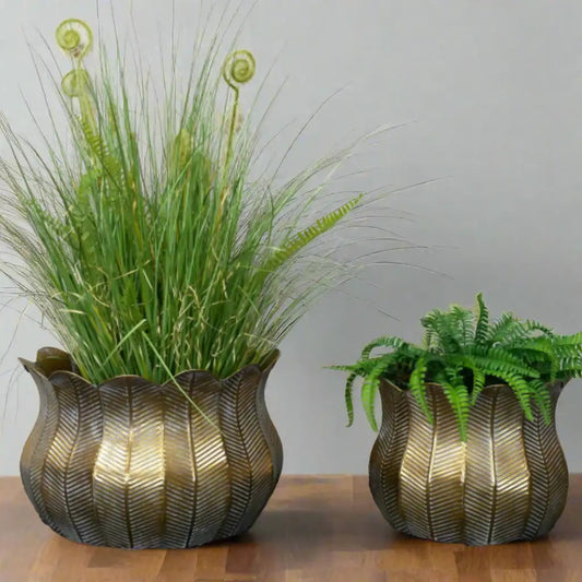 Two decorative planters with plants on a gray surface against a white wall.
