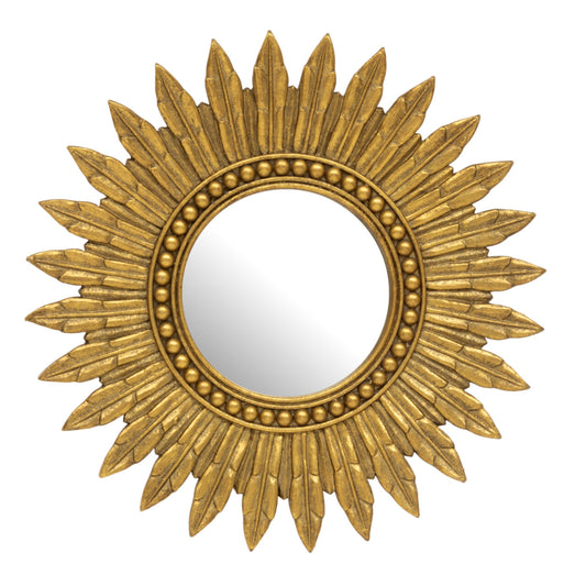 A decorative sunburst wall mirror with a gold-finished frame featuring radiating leaf-like rays and a beaded inner border, shown against a plain white background.