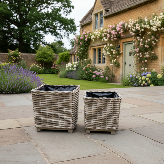 Two wicker planters on a stone patio with a garden and house in the background