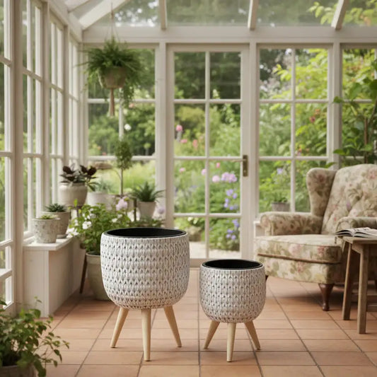 Sunroom with large windows, plants, and a floral armchair.