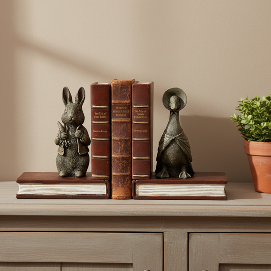 Two decorative bookends shaped like a rabbit and a duck, each mounted on a faux leather book and flanking a set of three vintage-style brown books on a gray wooden console table.