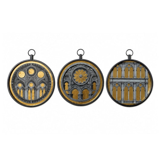 Three circular black-framed wall art pieces with hanging loops, each showing a different architectural design in gold and dark gray, displayed side by side on a white background.