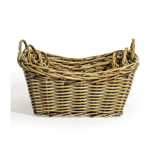 Wicker basket with handles on a white background
