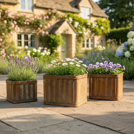 Three wooden planters with flowers on a patio in front of a house with garden.