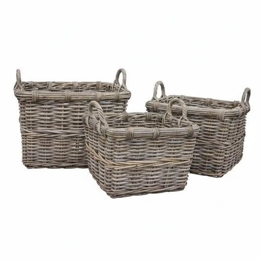 Three wicker baskets of different sizes on a white background with 'lows.co.uk' branding.