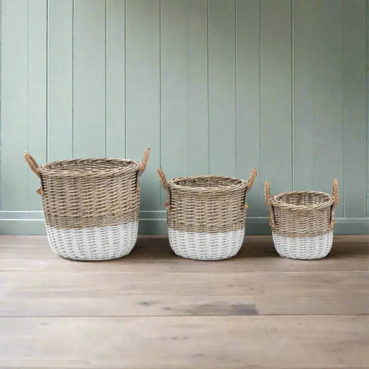 Set of 3 White Base Woven Storage Baskets