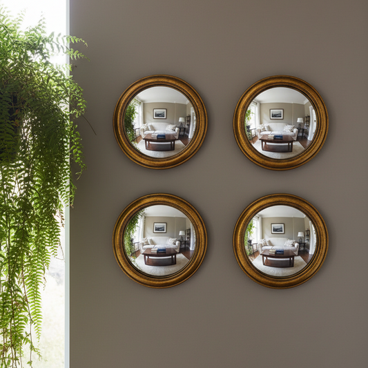 Set of 4 Antique Gold Round Convex Framed Mirrors