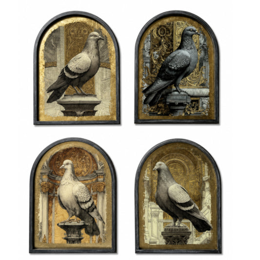 Set of four arched wall art panels featuring different pigeon illustrations in grayscale over a textured gold background, arranged in a 2x2 grid on a white background.