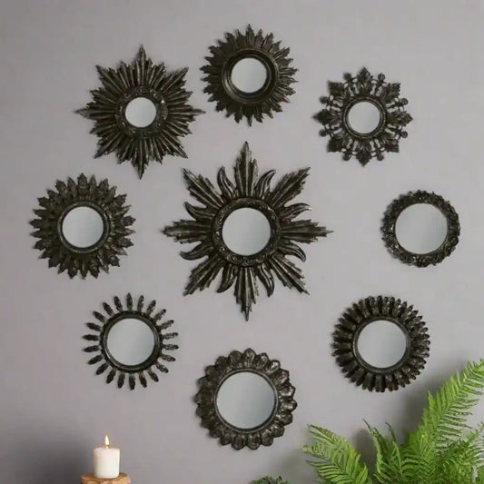 Set of 9 Sunburst Antique Black Framed Mirrors