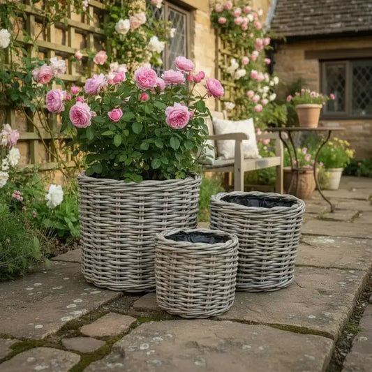 Set of Three Rattan Plant Pots with Liner