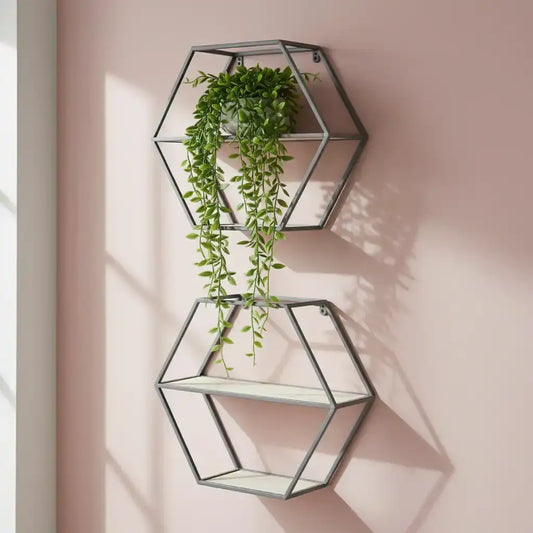 Geometric wall shelves with plants against a pink wall