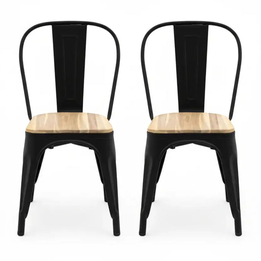 Black metal chair with a wooden seat on a white background
