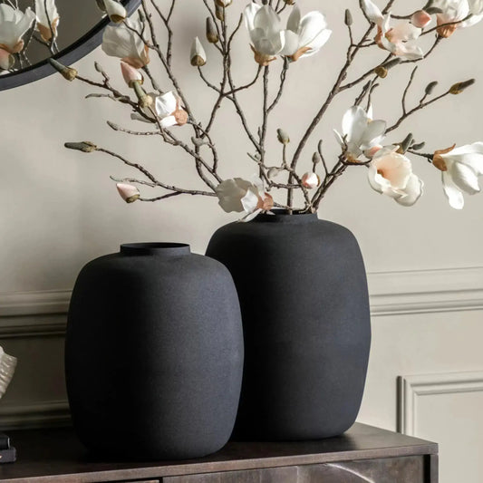 Set of Two Matt Black Textured Metal Vases