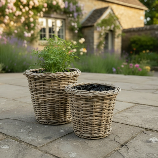 Two wicker planters on a stone patio with a garden background
