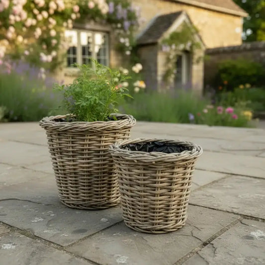 Two wicker planters on a stone patio with a garden background