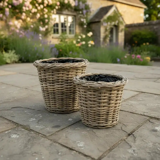 Two wicker planters on a stone patio with a garden and building in the background