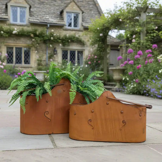 Set of Two Rustic Metal Bucket Planters