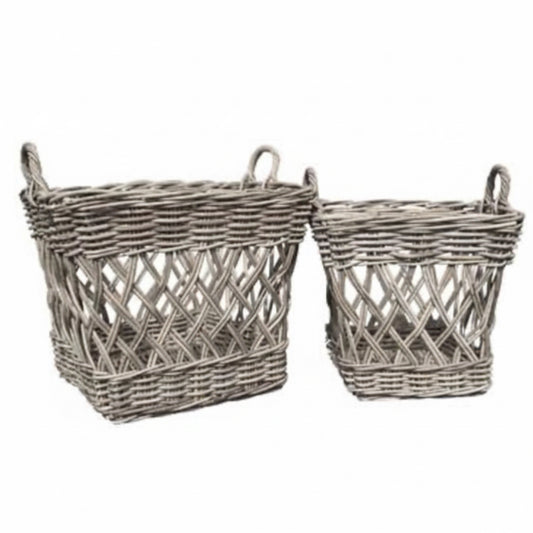 Two wicker baskets with handles on a white background