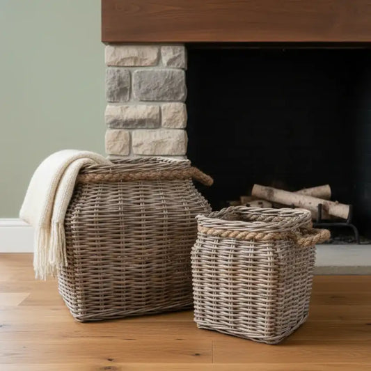 Wicker baskets with a blanket in front of a stone fireplace.