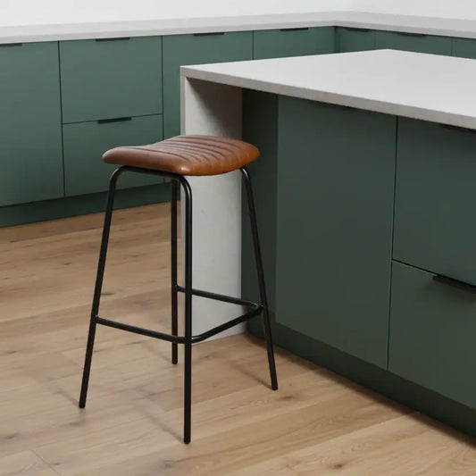Set of Two Tan Leather & Metal Counter Stools