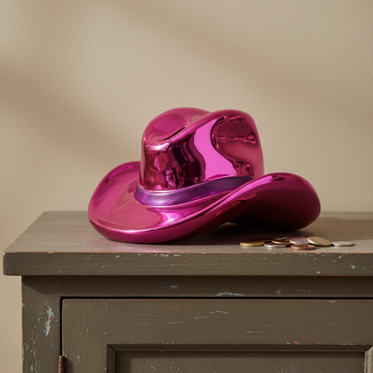 A shiny metallic magenta pink cowboy hat container with a coin slot on the brim, resting on a distressed gray wooden cabinet against a beige wall.