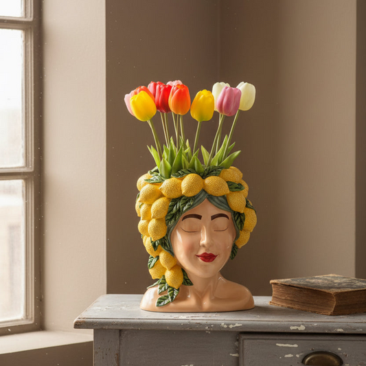 Sicilian Lady Ceramic Bust Vase with Lemons