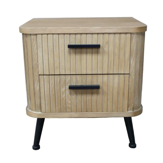 Wooden nightstand with two drawers and black legs on a white background