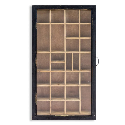 Decorative wall shelf with black frame and glass panels on a white background