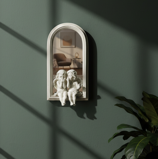 Decorative wall mirror with classical sculpture on a green wall