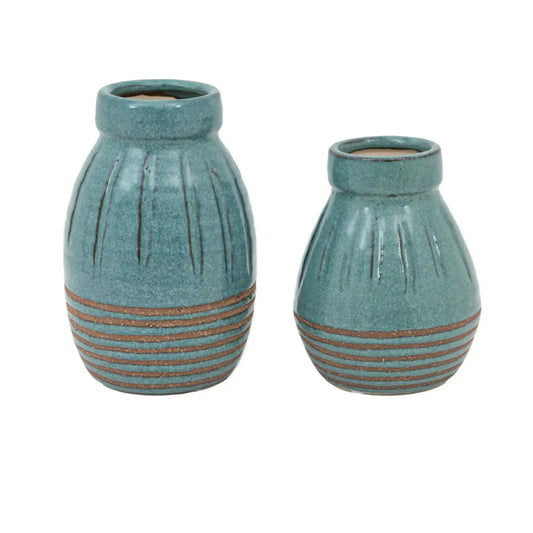 Small Blue Ribbed Vase Set