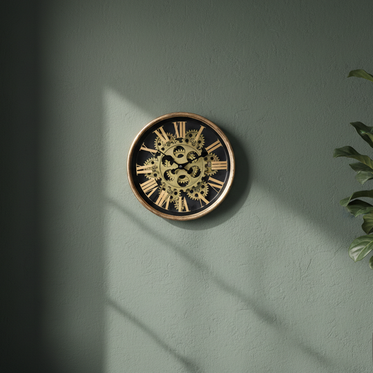 Decorative wall clock with gear design on a green wall