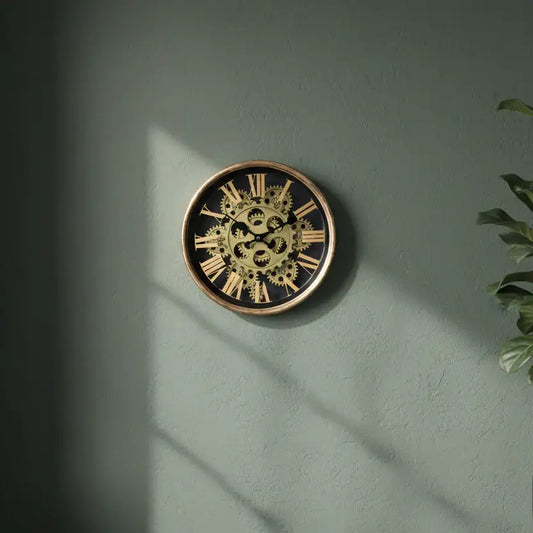 Decorative wall clock with gear design on a green wall