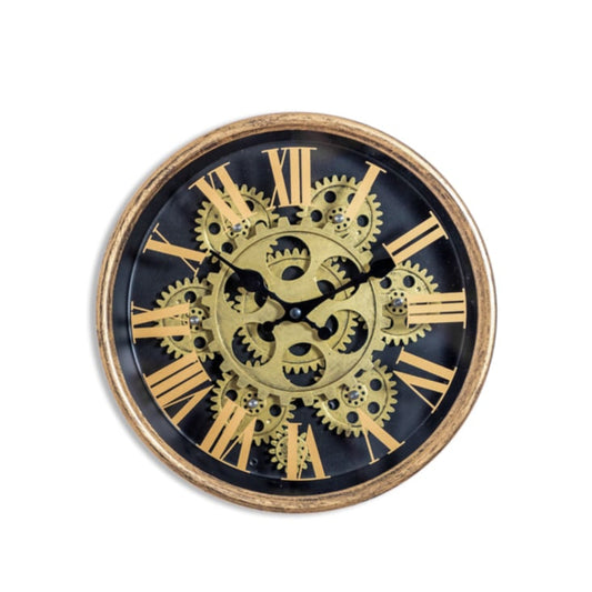 Decorative wall clock with mechanical gear design on a black background