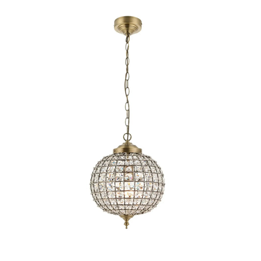 Gold pendant light with crystal details on a white background