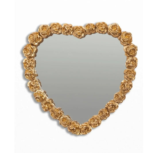 Heart-shaped mirror with gold rose frame on a white background
