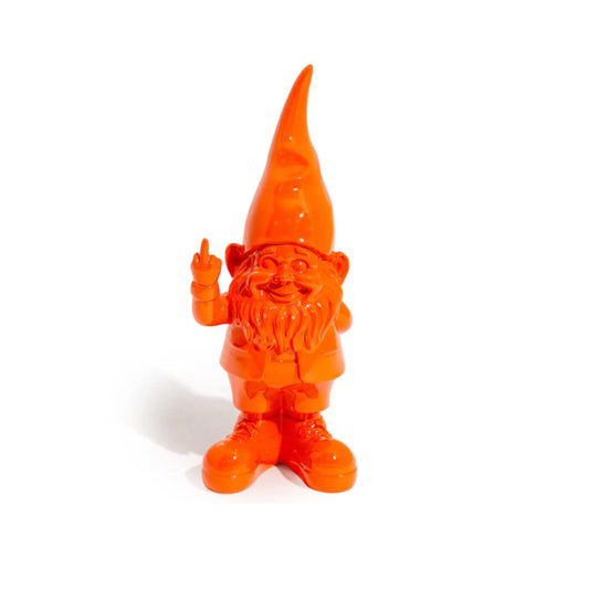 Orange gnome figurine with a pointed hat on a white background