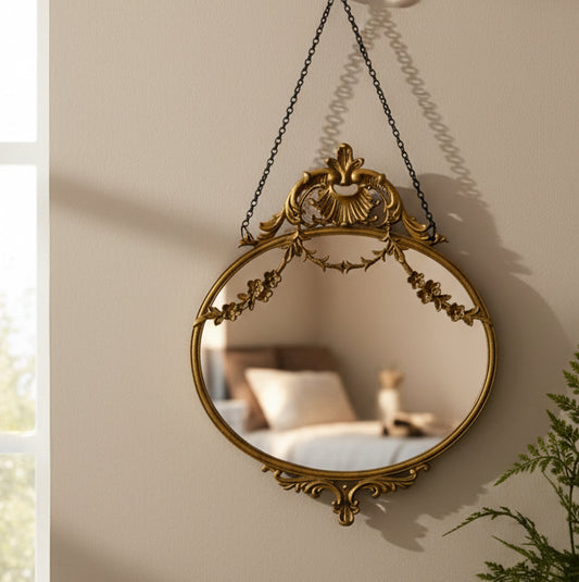 Decorative gold mirror with intricate designs on a white wall.