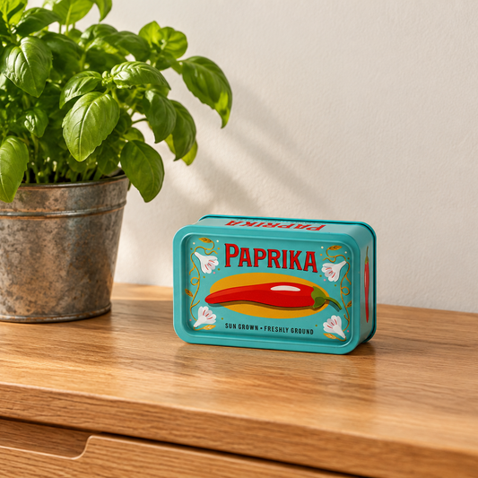 A decorative tin canister labeled 'PAPRIKA' sits on a wooden table next to a potted green basil plant against a plain wall.