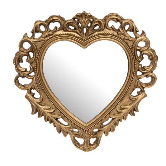 An ornate heart-shaped wall mirror with a detailed, carved gold frame on a plain white background.