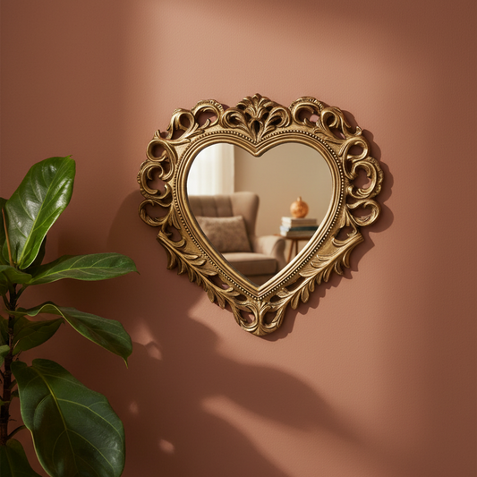 An ornate heart-shaped decorative wall mirror with an intricate gold-toned scrollwork frame, mounted on a warm terracotta-colored wall. A green houseplant is visible in the lower-left corner, and the mirror reflects a softly lit living room interior.