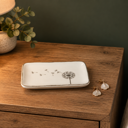 A rectangular white ceramic jewelry tray with a black dandelion design, styled on a wooden nightstand next to a pair of gold and white earrings.