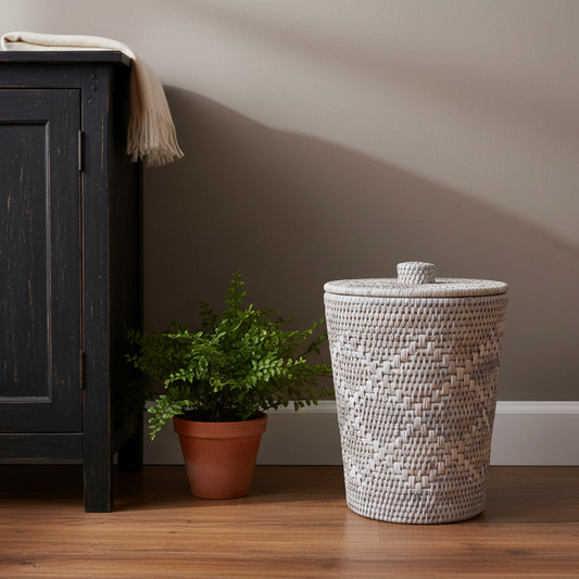 Woven laundry basket next to a plant and dark wooden cabinet against a beige wall.
