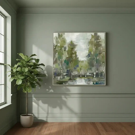 Room interior with a painting of trees on the wall, a potted plant, and a window.