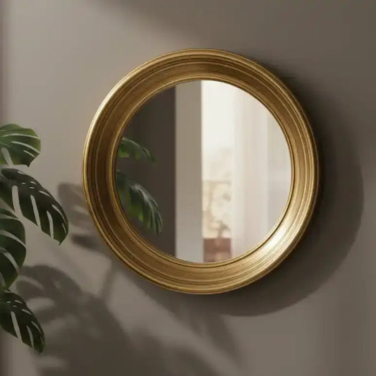 Round gold-framed mirror on a wall with a plant to the left