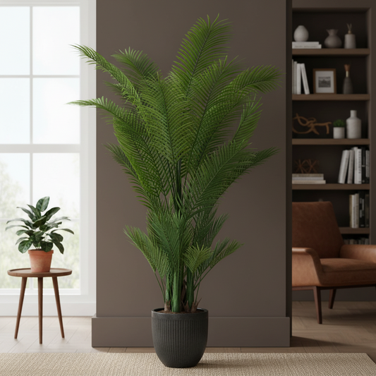 Potted plant in a room with a window and bookshelf