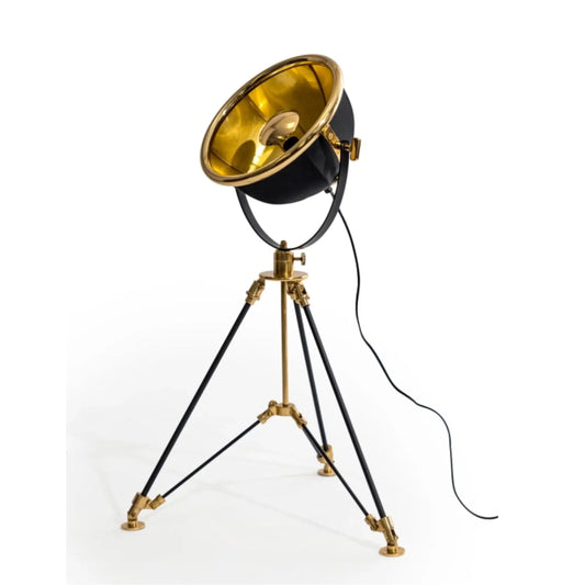 Vintage-style floor lamp with gold and black design on a white background